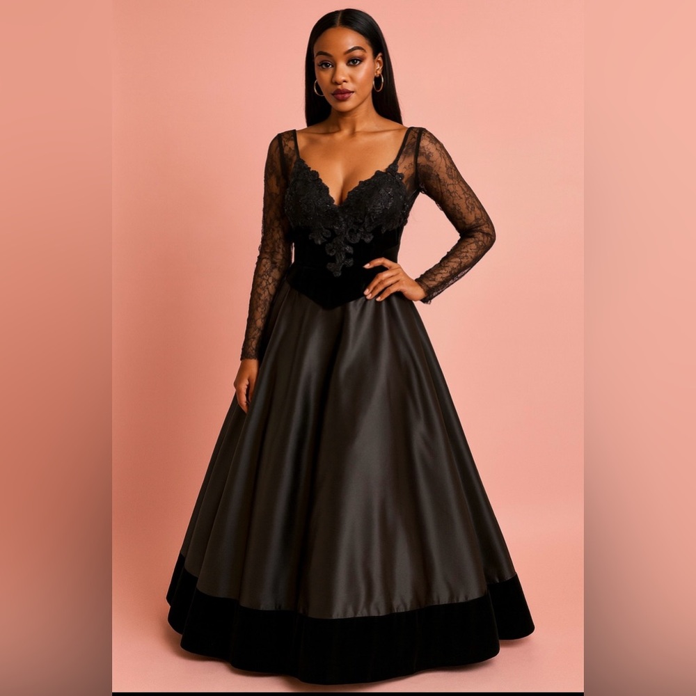 San Carlin Black Velvet Lace Beaded Gown - Reduced